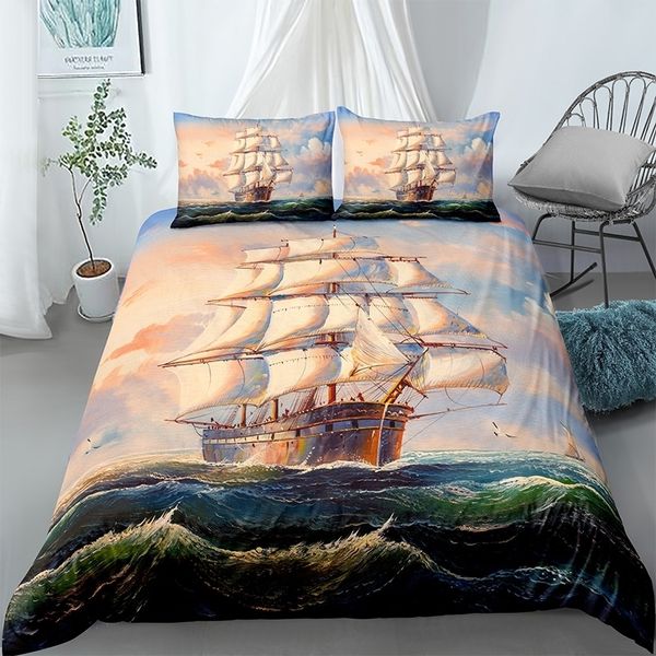Fashion 3D Steamship Boat Bedding Set 2 o 3 pezzi Paesaggio Quilt Copripiumino Comforter Bed Set Tessili per la casa 201113