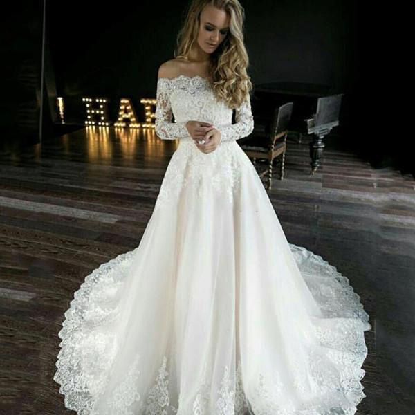 

country wedding dresses a line off shoulder lace applique sequined bridal gowns with long sleeve sweep train garden wedidng gowns, White