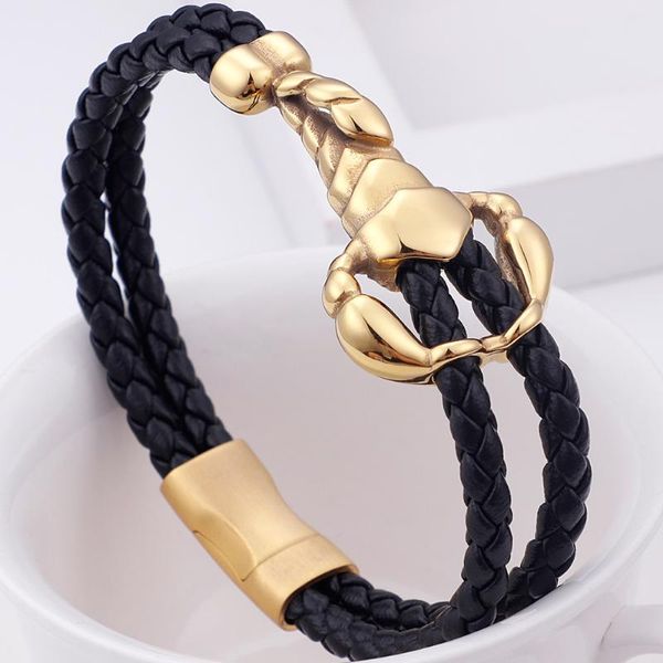 

golden scorpion bracelet men's braided genuine leather bracelet with stainless steel magnetic closure birthday gifts for husband, Golden;silver