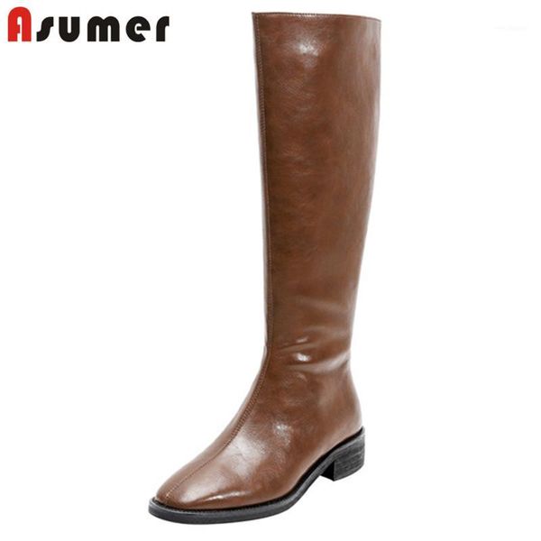 

asumer 2020 genuine leather shoes women knee high boots solid colors zipper low heels fashion riding boots woman1, Black