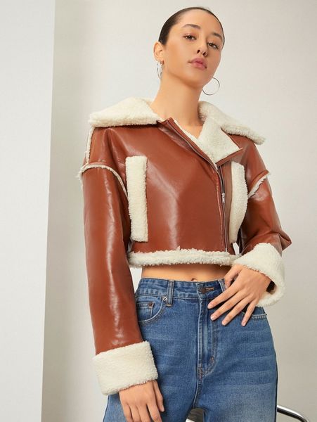 

teddy panel zip up crop pu leather moto jacket o3ph#, Black;brown