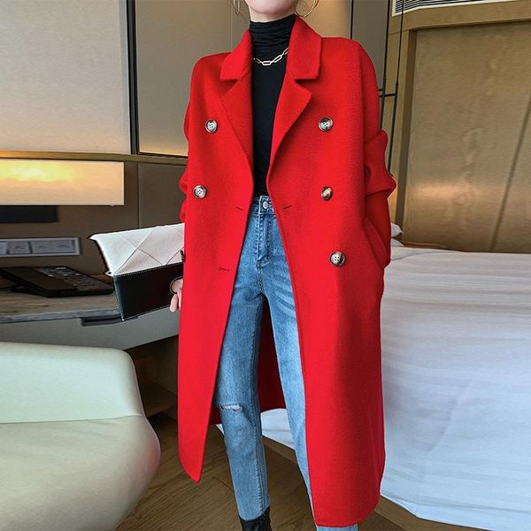 

wool autumn / winter 2020 new women's high-end water wave print korean long loose over the knee double-sided overcoat, Black
