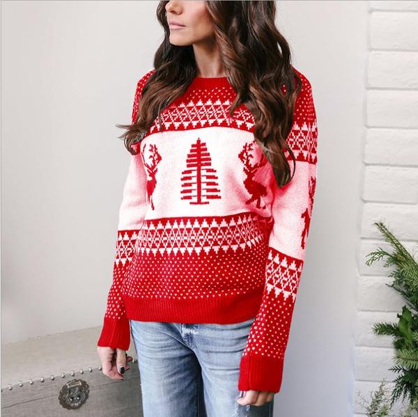 

women sweater christmas snowflake elk jacquard long sleeve womens pullover 2020fw coats contrast color knitted sale, White;black