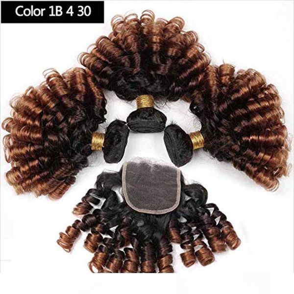 

4pcs lot ombre loose bouncy curly human hair bundles with closure brazilian hair weave bundles with lace closure remy human hair extensions, Black;brown