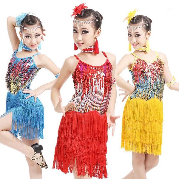 

kids girls sequined latin ballroom dance dress dancewear fringe skirts latin stage dance costume1, Black;red