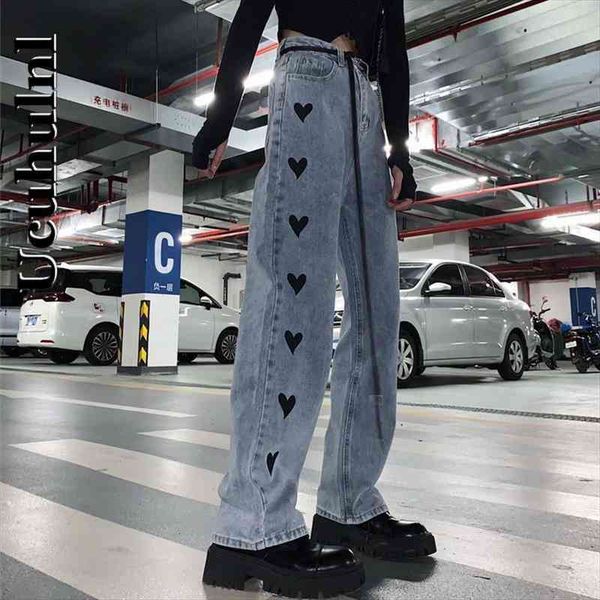

korean autumn winter harajuku style daniel jeans vintage heart-shaped printing wide leg old pants loose straight, Blue