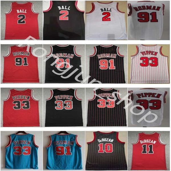 

mens 2 lonzo ball basketball jersey 11 demar derozan 23 dennis 91 rodman scottie 33 pippen red white black blue stripe shirt high quality, Black;red