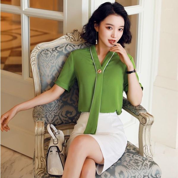 

summer fashion women blouses green short sleeve shirts office ladies 2 piece pant skirt and sets1, White
