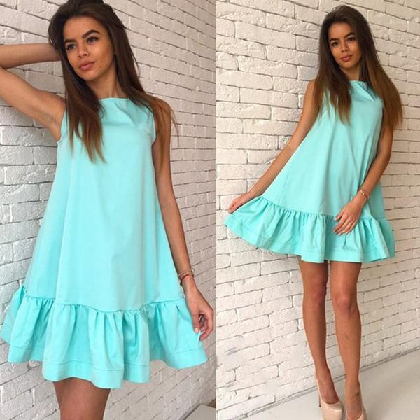 

sleeveless summer dress women plus size beach party o neck blue mini dress 2020 red ruffle casual loose sundress ladies vestidos1, Black;gray