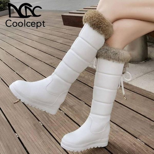 

boots coolcept warm snow women winter with fur knee high lace up round toe flats shoes footwear size 32-431, Black