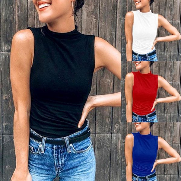 

2020 new summer autumn women mock neck turtleneck sleeveless t-shirt slim knitted vest female basic vest shirt, White