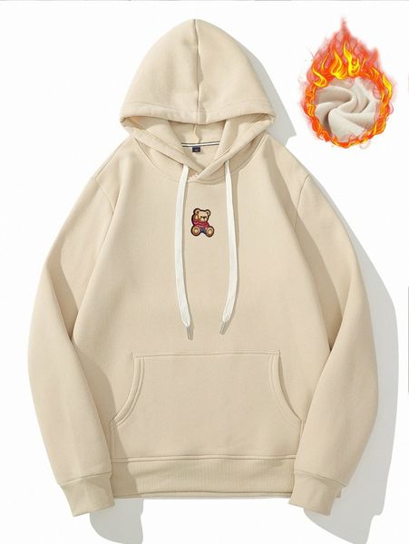 

men bear patched kangaroo pocket drawstring thermal hoodie o7sq#, Black