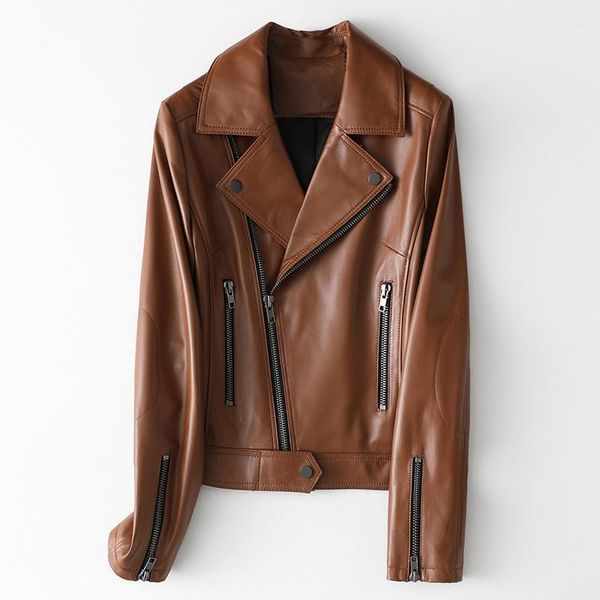 

big size genuine leather motorcycle jackets real sheepskin zipper short coat for women female fashion outerwear brown blue1, Black