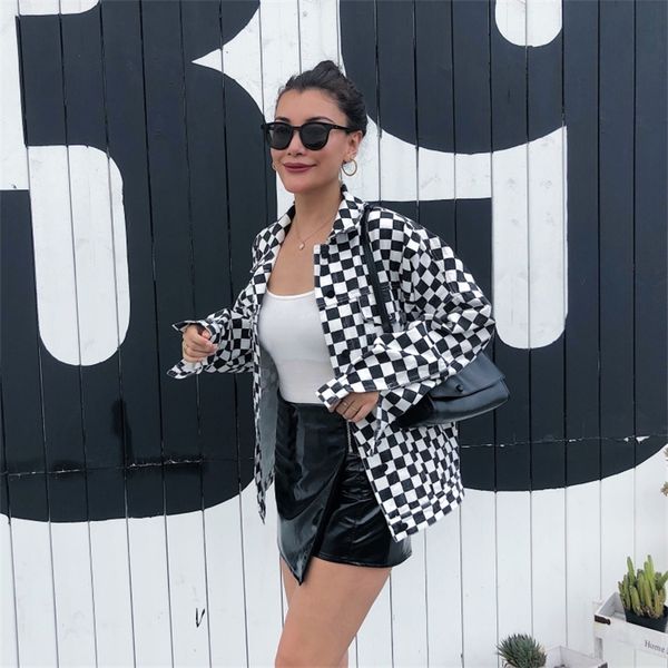 

women vintage plaid checkered long oversize jacket coat female long sleeve turn-down collar casual outerwear feminino overcoat 201017, Black;brown