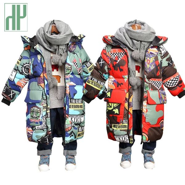 

kids winter jacket hooded winter jackets graffiti camouflage parkas for teenagers boys girls thick long coat kids clothes lj201017, Blue;gray