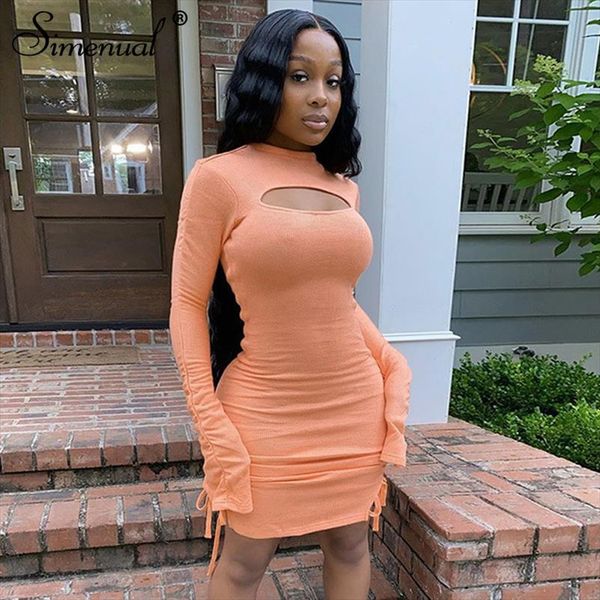 

knit hollow out stacked women mini dresses flare long sleeve drawstring ribbed party club wear bodycon dress solid, Black;gray