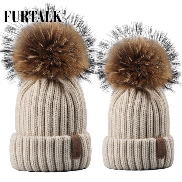 

furtalk winter women knitted beanie real raccoon fur pompom for female kids warm chunky thick stretchy hat y200103, Blue;gray
