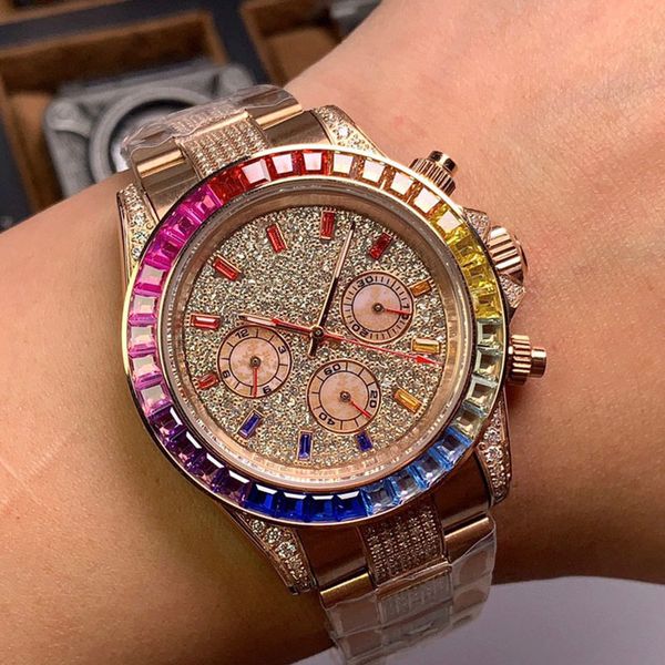 

diamond mens watch automatic mechanical watches 43mm montre de luxe woman wristwatch rainbow diamonds bezel fashion wristwatch, Slivery;brown