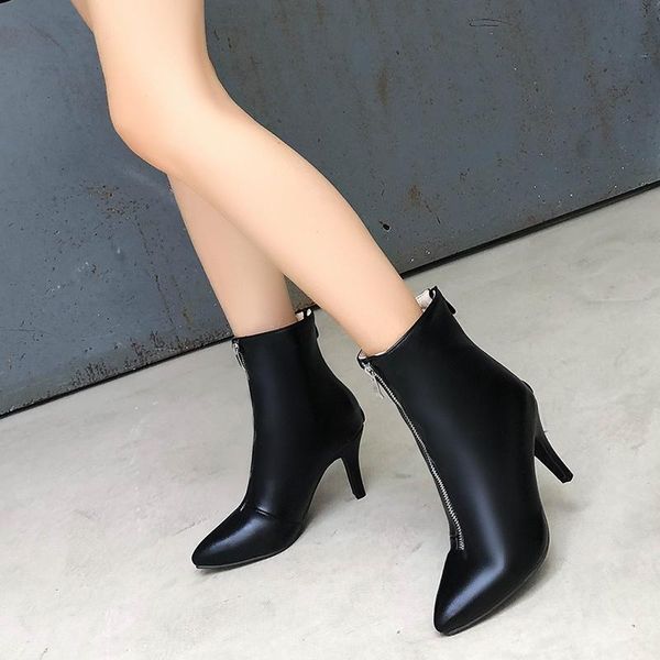 

boots 2021 arrival autumn winter women ankle zipper high heels pointed motorcycle for females big size shoe 3994, Black
