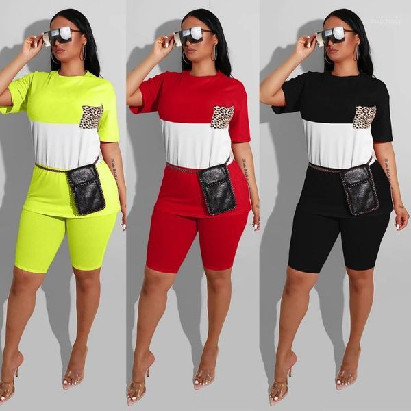 

women summer casual patchwork short sleeve tshirt 2 piece set leopard pocket o neck bodycon shorts tracksuit outfits1, White