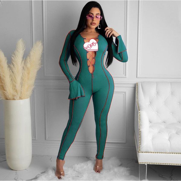 

ribbed deep v neck lace up rompers womens jumpsuit patchwork long sleeve bodycon fashion one piece outfits autumn, Black;white