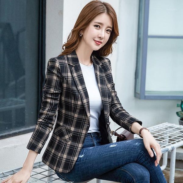 

women's jacket 2019 spring and autumn new casual fashion temperament wild plaid single button small suit women's clothing1, White;black