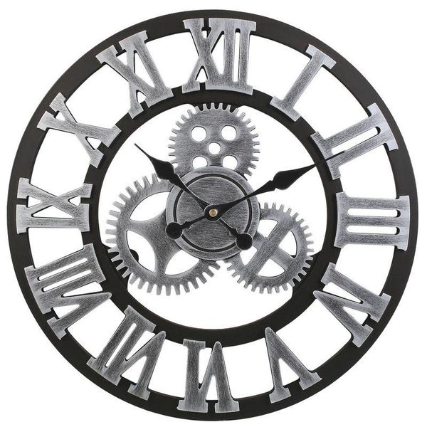 

retro vintage european handmade 3d gear decorative wooden vintage wall clock (silver color)