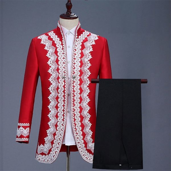 

europe gothic style burgundy red palace men's suit jacket nightclub singer prom performance blazer coat costumes for party 201106, White;black