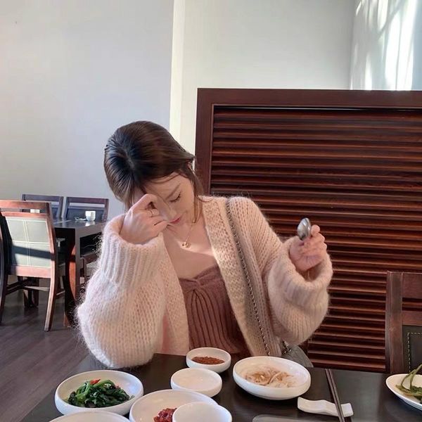 

women's knits & tees syiwidii big-size cardigans of women loose casual coats fashion solid knitted-knit clothing 2021 pink beige khaki, White