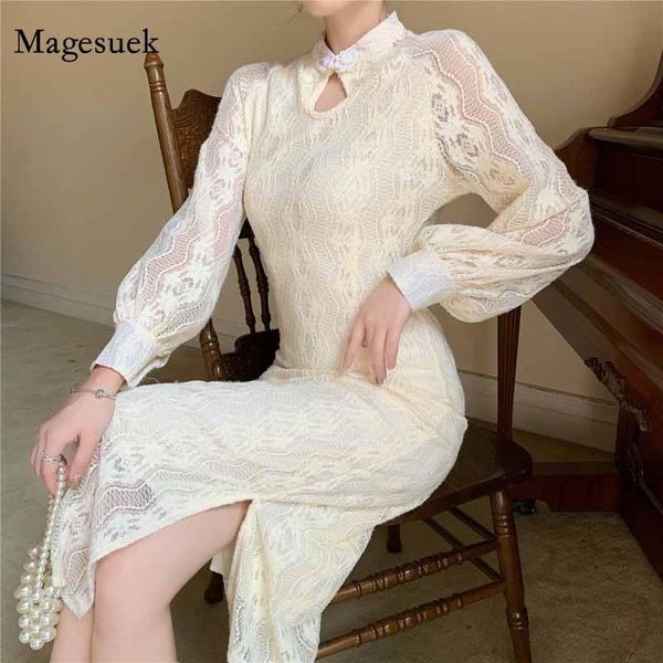 

elegant high waist cheongsam lace long dress for women 2021 winter slim puff sleeve apricot ladies dress split side 12764, Black;gray