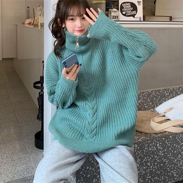 

women's sweaters autumn winter loose thick sweater women fashion zipper design turtleneck long sleeve pullover japanese oversize stripe, White;black