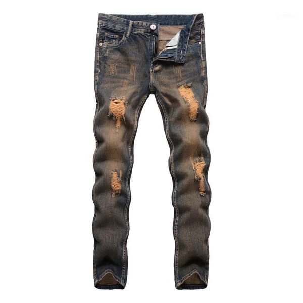 

summer fall vintage style denim wash slim fit pencil jeans old school hip hop ripped jeans for men streetwear with hole clothes1, Blue