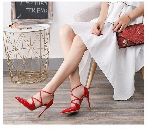 

patent leather women sandals dress shoes high heels 8-10cm ladies wedding shoes summer women pointed toe female sandals #qh4y, Black