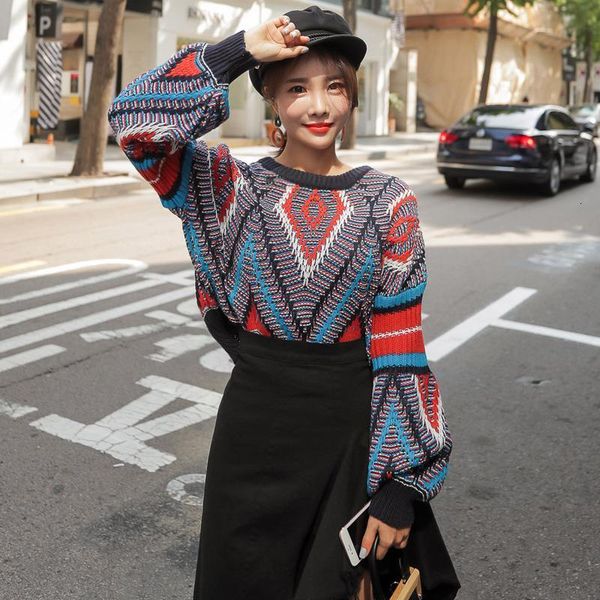

fashion lantern sleeve loose colour knitted winter sweater women sueter mujer invierno 2021 long sleeve pullover women sweater, White;black