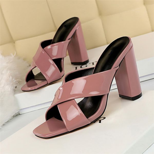 

new summer 2020 female purple naked toe square slides 9.5cm thick comfortable woman high heels party shoes u3jk, Black