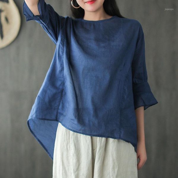 

women's t-shirt johnature summer 4 color o-neck short sleeve irregular pullover t-shirts 2021 cotton linen comfortable all-match women, White