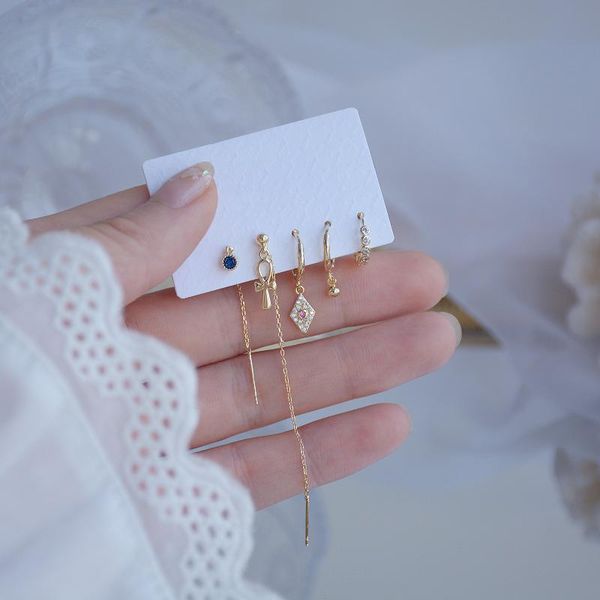 

stud korean design fashion jewelry 5-piece set bowknot geometric long tassel female wild earrings, Golden;silver