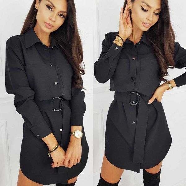 

casual shirt women summer autumn office buttons turn-down long sleeve bandage elegant es vestidos, Black;gray