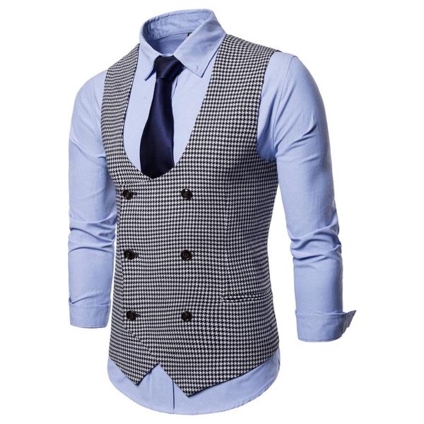 

men's vests men vest u neck bristish plaid gentleman business coat male formale suit wedding blazers mens clothing, Black;white