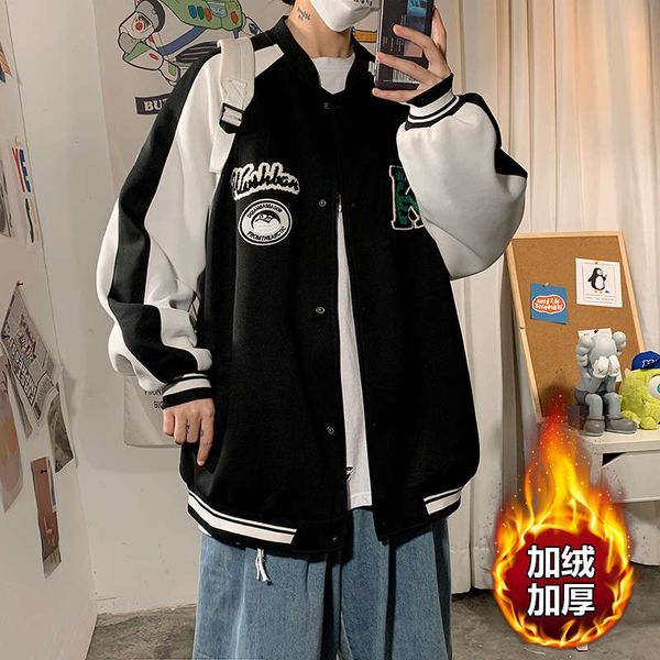 

men's sweater autumn baseball suit plush thickened 2020 new couple ins fashion brand winter coat, Black