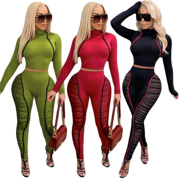 

hollow out mesh patchwork turtleneck long sleeves & stacked pants women suit new arrival spring and autumn 2 piece set, Gray