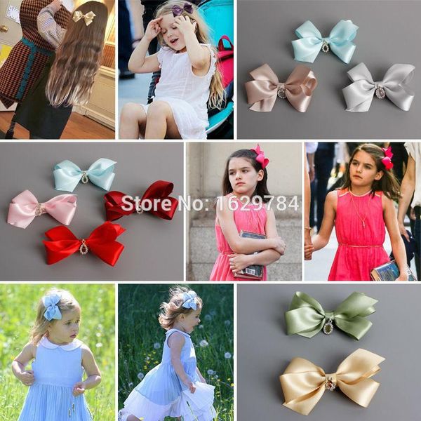 

hair accessories boutique summer 20pcs fashion cute ribbon bow hairpins royal solid bowknot with gemstone girls clips, Slivery;white
