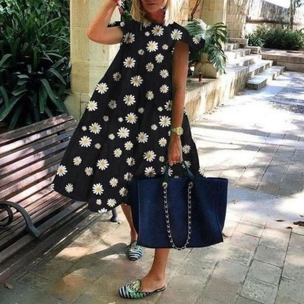 

casual dresses 2021 summer women dress beach short sleeve knee-length loose o-neck printed robe femme 5.151, Black;gray