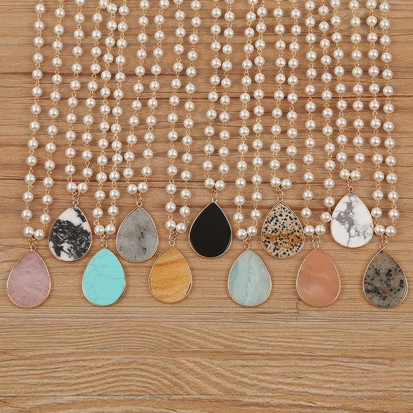 

new pearl natural stone drop pendant necklace pearl hand chain turquoise leopard drop, Silver