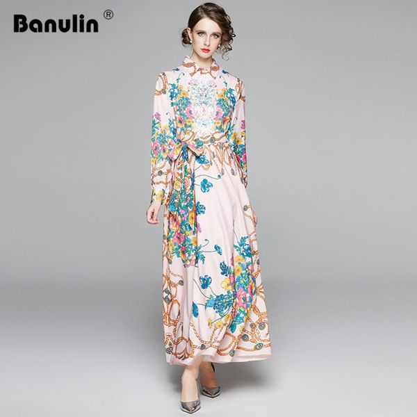 

banulin fashion runway autumn dress long sleeve floral chain print sashes bow holiday long dresses christmas dress women clothes, Black;gray