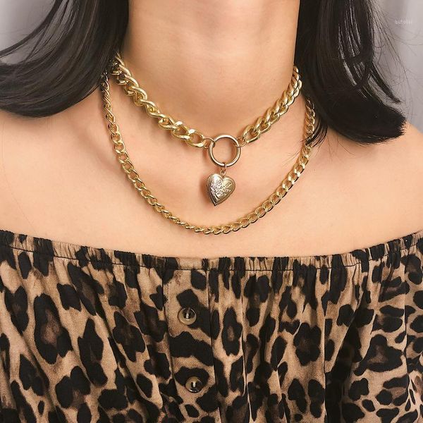 

gold silver vintage heart can be opened pendant necklace sweater chain fashion multi-layer elegant party club jewelry1