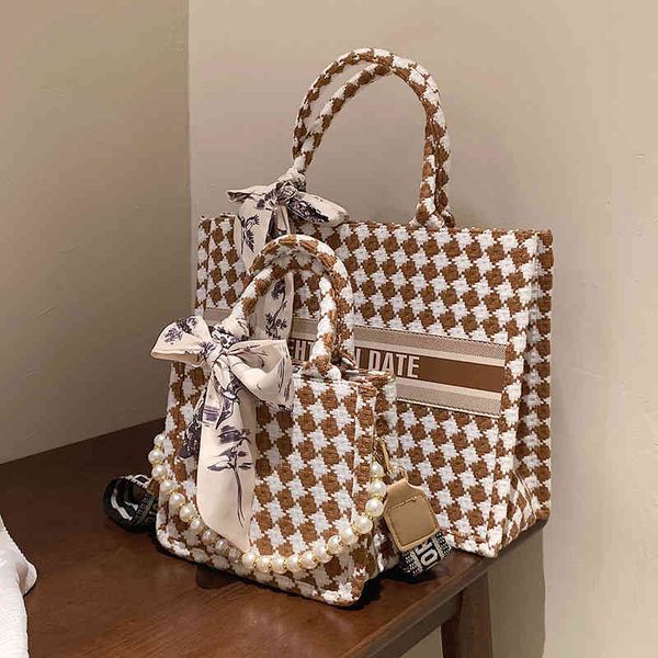 

woolen shopping large capacity hand portable woolen single shoulder lattice women's bag