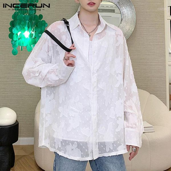 

fashion men mesh shirt long sleeve transparent lapel 2020 party nightclub camisa loose casual men blouse streetwear incerun1, White;black