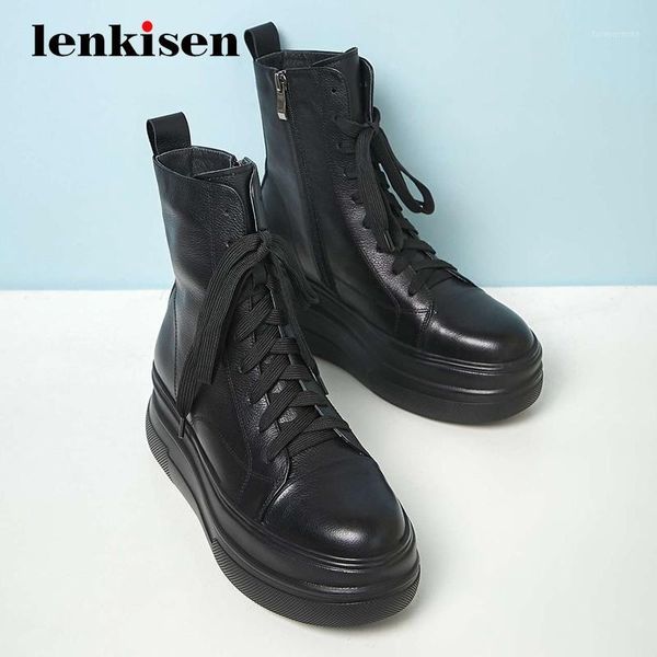 

boots lenkisen motorcycle genuine leather punk coolest fashion round toe high heel zipper thick bottom platform ankle l2f11, Black