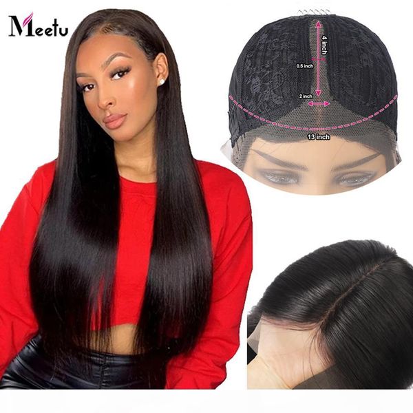 

meetu t part front lace wigs straight pre plucked human hair lace frontal wigs 8-28 inch bleached knots remy lace wigs for women, Black